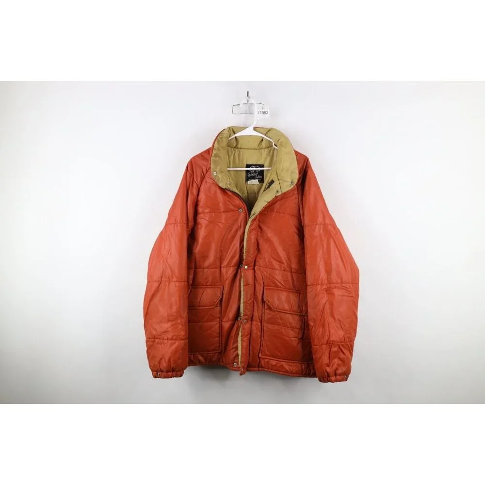 Vtg 70s Streetwear Mens XL Distressed Full Zip Winter Puffer Jacket Orange USA - Picture 1 of 16